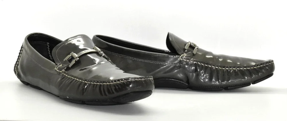 B5 Auth SALVATORE FERRAGAMO Nardo Gray Patent Gancini Bit Driving Loafers Sz 12